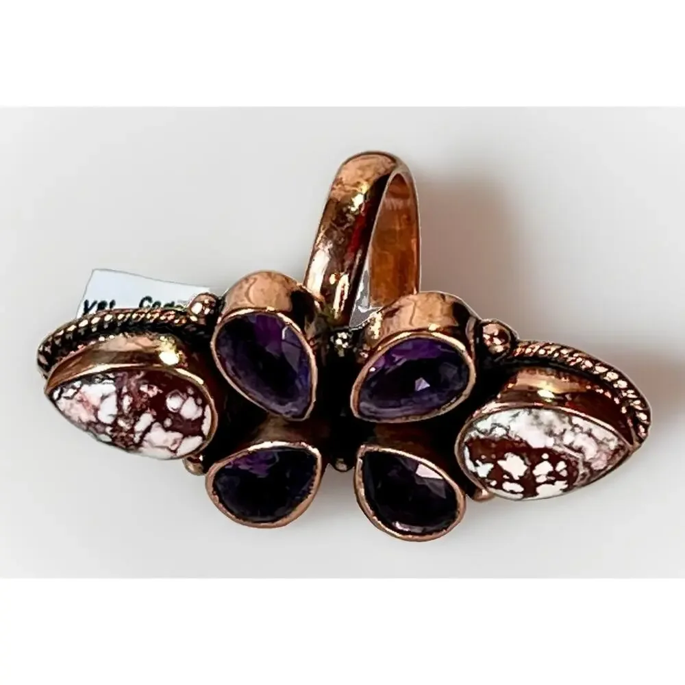 Wild Horse Turquoise Amethyst Copper Cluster SW Statement Ring Adj Sz Handmade